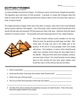 Preview of Egyptian Pyramids Reading Comprehension