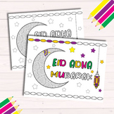 Eid Adha Mubarak Coloring Page with Crescent Moon and Lant