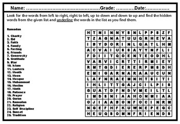 Preview of Eid, Ramadan, Word Search Worksheet, Muslim Festival Research Distance Learning