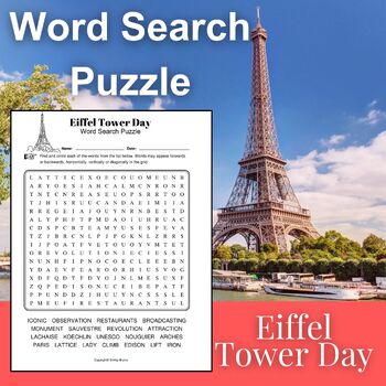 Preview of Eiffel Tower Day Word Search Puzzle - Eiffel Tower Day Activities - Paris France