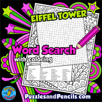 Eiffel Tower Word Search Puzzle with Coloring | World Landmarks Wordsearch