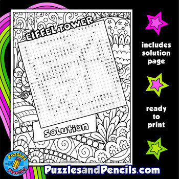 Eiffel Tower Word Search Puzzle with Coloring | World Landmarks Wordsearch