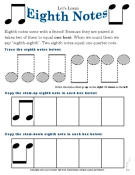 Preview of Eight Note Trace Worksheet - Learning Eighth Notes for Beginning Music Students