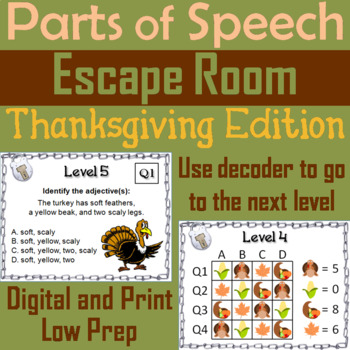 Preview of Eight Parts of Speech Activity: Thanksgiving Escape Room ELA