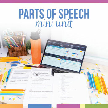 Preview of Eight Parts of Speech Mini Unit | Grammar Task Cards, Worksheets, Tests