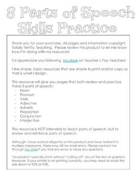 Preview of Eight Parts of Speech Skills Reinforcement and Practice
