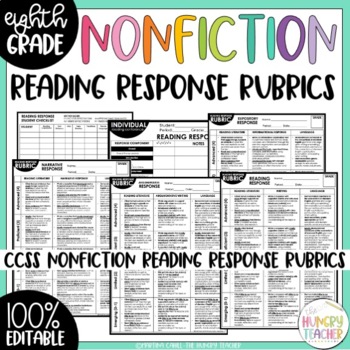 Preview of Eighth Grade Literary Nonfiction Reading Response Rubrics Editable CCSS