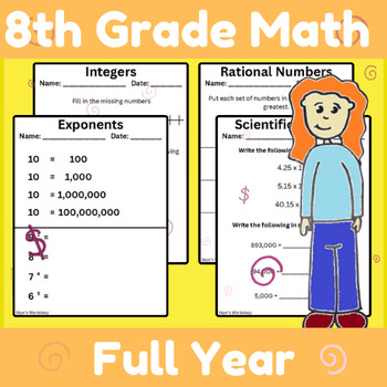 Preview of Eighth Grade Math Packet ALL TOPICS Worksheets Tests Quiz (Aligns with IXL)