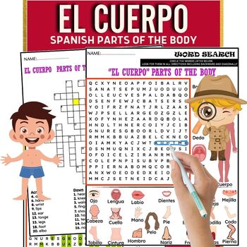 Preview of El Cuerpo Spanish Parts of the Body Fun Worksheets ,Word Search & Crosswords