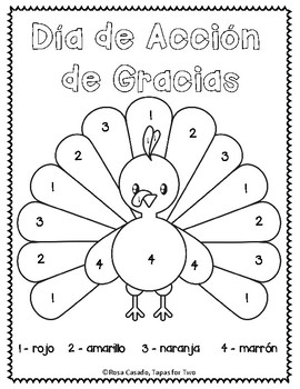 Preview of El Dia de Accion de Gracias Color by Number FREEBIE