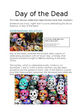 Preview of El Dia de los Muertos (Day of the Dead) Reading & Comprehension Worksheet