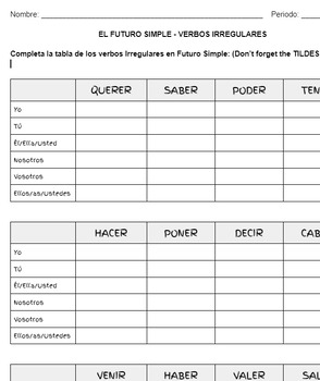Preview of El Futuro Simple - Verbos Irregulares - Worksheet with answers