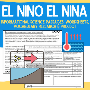 Preview of El Nino & El Nina  Packet: Informational Passages, Worksheets, & Vocabulary