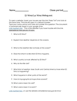 Preview of El Nino and La Nina Webquest