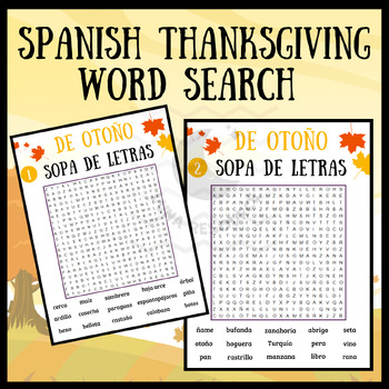 Preview of El Otoño SPANISH Thanksgiving Fall Word Search crossword activities primary 3rd