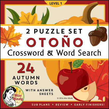 Preview of El Otoño: Spanish Autumn Fall Season Vocabulary Crossword Word Search Puzzle Set