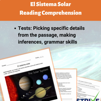 Preview of El Sistema Solar/The Solar System Reading Comprehension Worksheet - Spanish Ver.
