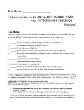 Preview of El Subjuntivo con Antecedentes Indefinidos y Negativos - Indefinite Antecedents