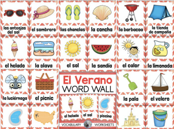 El Verano SPANISH Summer Vocabulary Word Wall & Worksheets by Just Gracie