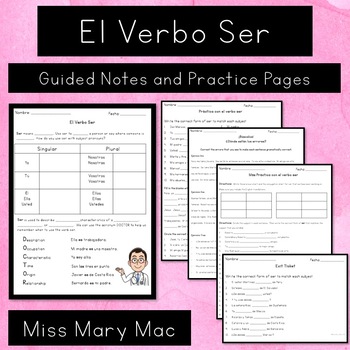 Preview of El Verbo Ser - Guided Notes and Practice Pages