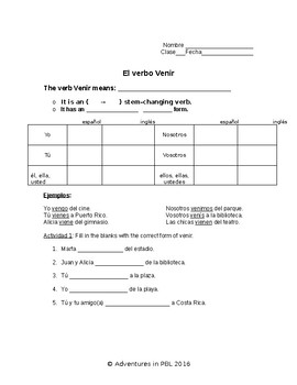 El Verbo Venir Notes By Adventures In Ci Teachers Pay Teachers