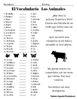El Vocabulario - Los Animales / Spanish Vocabulary | TPT