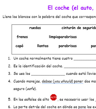 El coche: Vocabulario y Práctica - Spanish Class Car Parts Practice