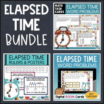 Preview of 3rd Grade Elapsed Time Practice Number Line Word Problems Task Cards PDF+Digital