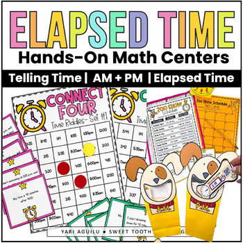 Preview of Elapsed Time Activities | Telling Time | AM & PM | Time Task Cards & Centers