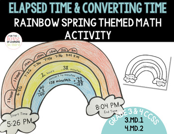 Preview of Elapsed Time Number line Worksheet March Activity Spring Rainbow Math Craftivity