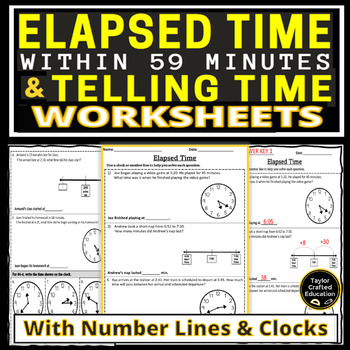 Preview of Elapsed Time Within 59 Minutes & Telling Time to the Minute Worksheets & Quiz