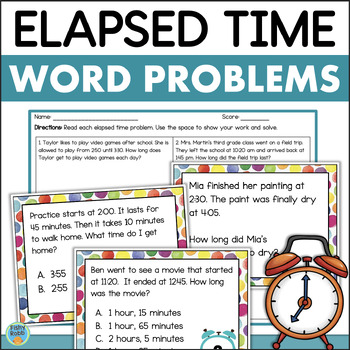 Preview of Elapsed Time Word Problems Math Task Cards Worksheet Assessment Scoot
