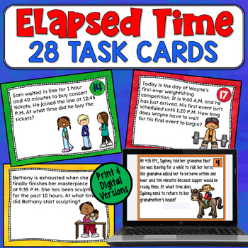 Preview of Elapsed Time Task Cards: 28 Practice Word Problems