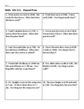 Elapsed Time Word Problems Va Sol 3.9 With Tpt Digital Distance Learning