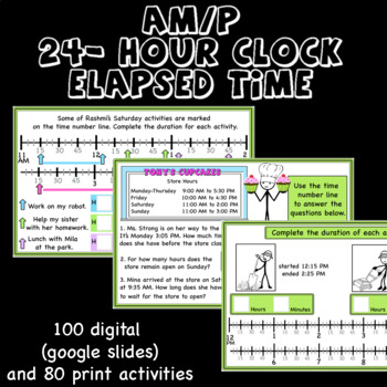 Elapsed time, Am-Pm, clock time, problems, print and digital cards