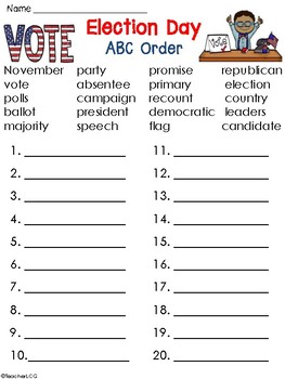 Election Day ABC Order Worksheet by TeacherLCG | TpT