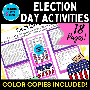Preview of Election Day Activity, Passages, Questions, Ballots, Voting, Classroom Elections