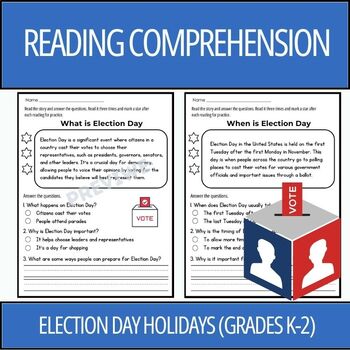 Preview of Election Day Holidays Reading Comprehension Passages and Questions (Grades K-2)