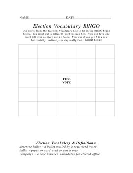 Preview of Election Vocabulary BINGO Board and Vocabulary List