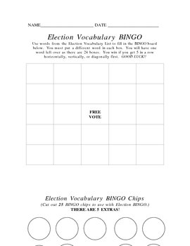 Preview of Election Vocabulary BINGO and Chips