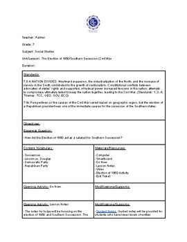 Preview of Election of 1860/Secession Lesson Plan