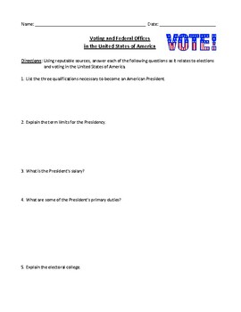 Preview of Elections, Voting, and Federal Offices in the United States of America Worksheet