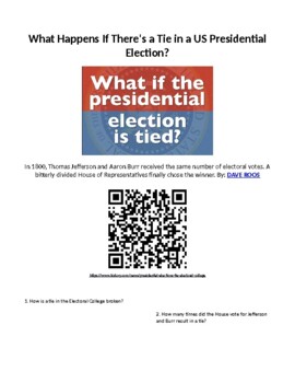 Preview of Elections: What Happens if there is a Tie in a Presidential Election? Web Quest