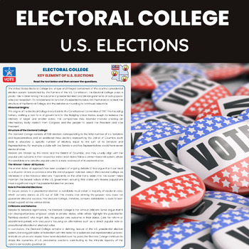 Preview of Electoral College Reading Comprehension Worksheet for US Elections