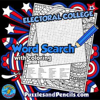 Preview of Electoral College Word Search Puzzle Activity Page with Coloring | Civics