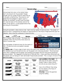 electoral college worksheet reading with questions and answer key