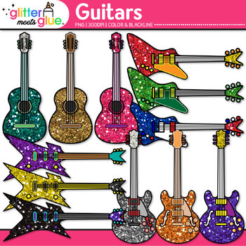 Preview of Electric & Acoustic Guitar Clipart Images: Cute Glitter Clip Art Transparent PNG