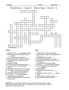 Electric Charge HS Physical Science Crossword with Word Bank