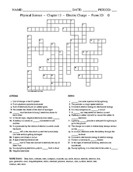 Electric Charge HS Physical Science Crossword with Word Bank