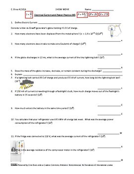 Preview of Electric Current and Power Practice Worksheet; EDITABLE, *Key Included* w/ pdf